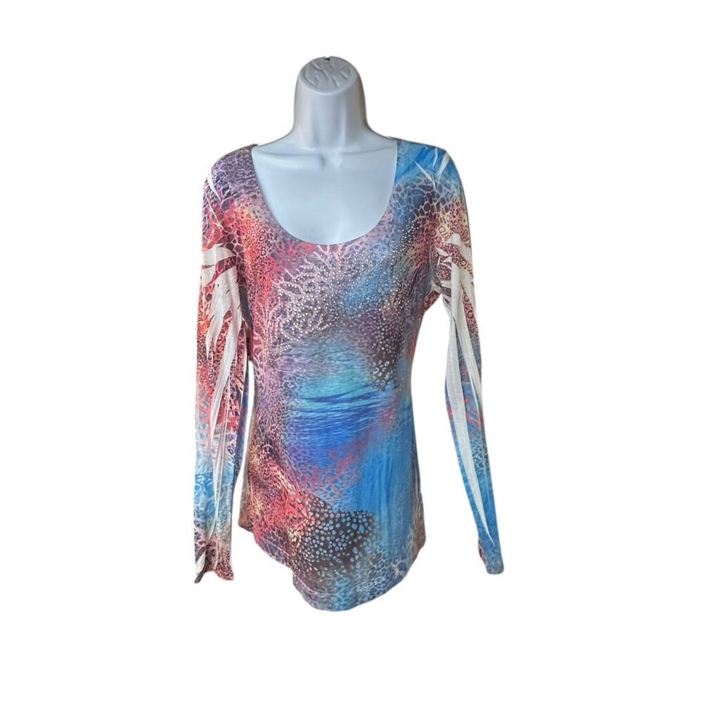 Cache Multicolor Abstract Print Long Sleeve Top Scoop Neck Stretch Women’s L